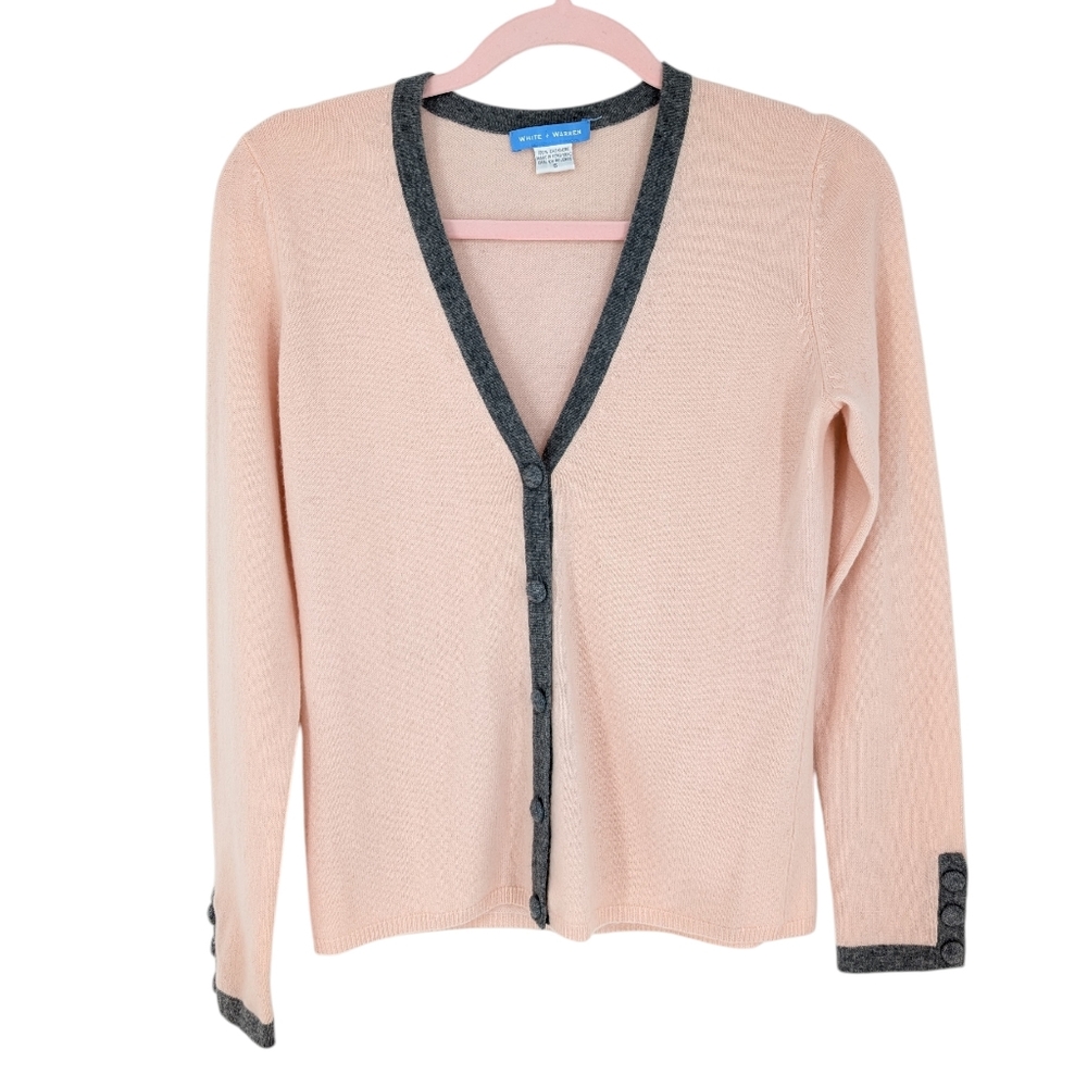 White + Warren Blush Pink Cardigan with Charcoal Trim